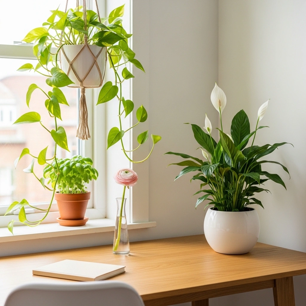 Spring home office decor with plants featuring trailing golden pothos white ceramic hanging pot compact peace lily round white ceramic pot terracotta fresh basil windowsill and blush ranunculus bud vase beside cream notebook on natural oak desk for spring home office decor with plants ideas 2026