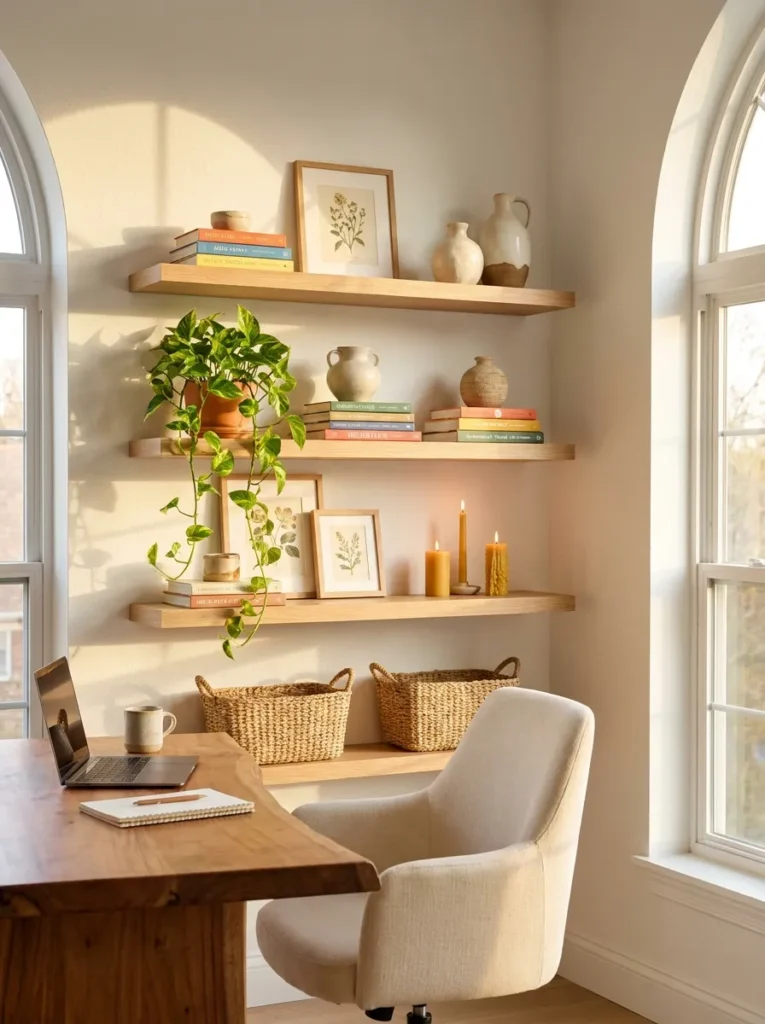Spring home office with beautifully styled floating shelves featuring books, plants, baskets, and decorative accessories.