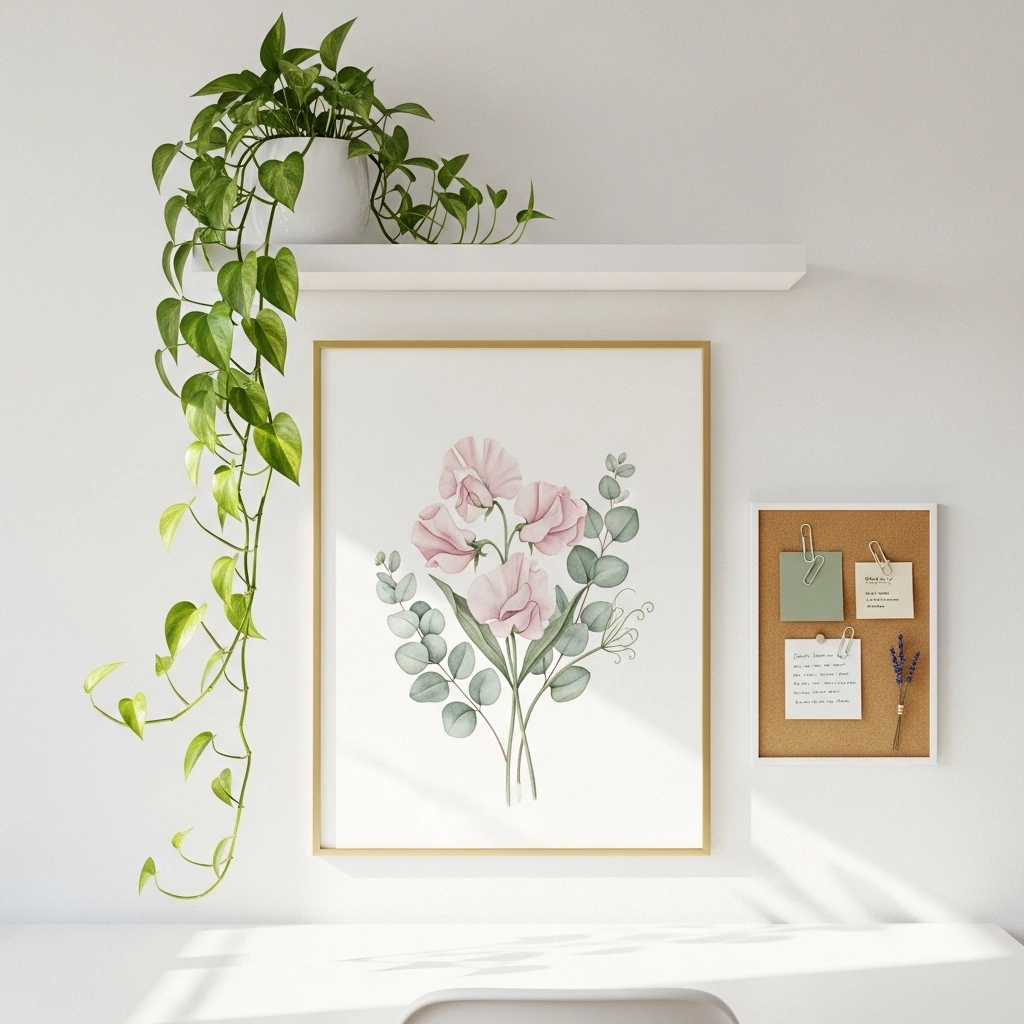 Spring home office wall decor with botanical sweet pea eucalyptus print gold frame anchor piece trailing golden pothos floating shelf living wall element and personal corkboard sage cream paper clips handwritten note dried lavender for spring home office wall decor ideas 2026