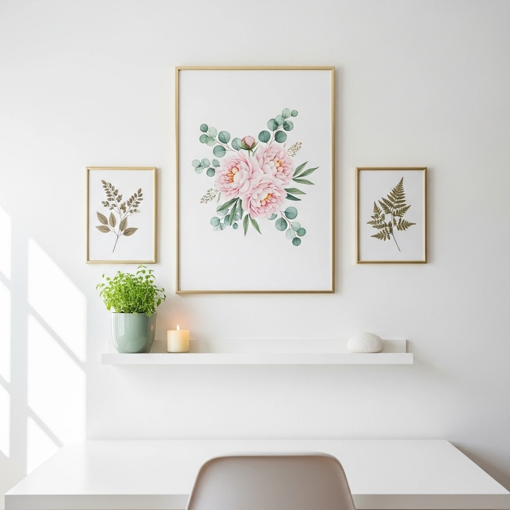  Spring home office wall decor ideas with large botanical peony print gold frame two coordinating pressed botanical prints matching frames white floating shelf sage herb pot cream pillar candle and white stone as beautiful video call backdrop for spring home office wall decor ideas 2026