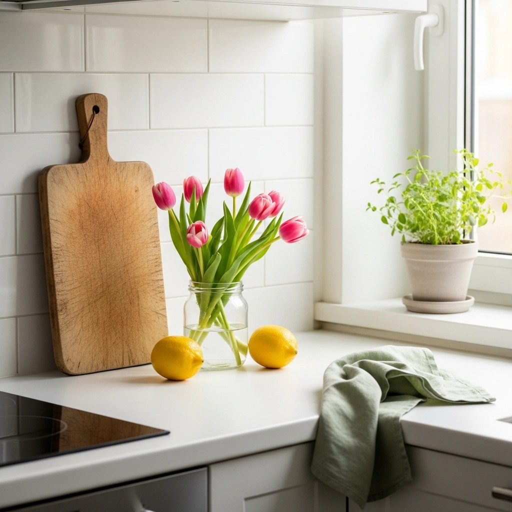 Budget spring kitchen counter decor with wood cutting board glass jar pink tulips yellow lemons terracotta herb pot and sage linen dish towel on white counter for spring kitchen counter decor on a budget ideas