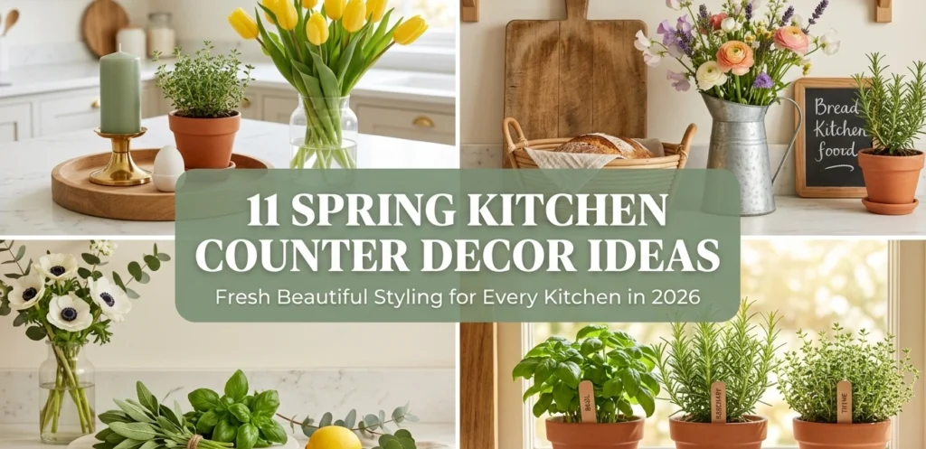 11 spring kitchen counter decor ideas collage showing oak tray with sage candle and herbs farmhouse counter with breadboard and wildflowers layered vignette with anemones and lemon cloth and herb garden terracotta pots in window light for spring kitchen countertop decor ideas 2026