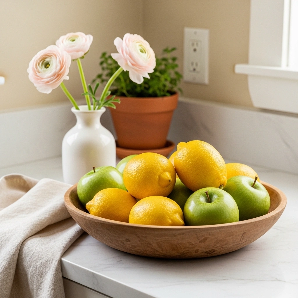Spring kitchen counter decor with natural wood bowl of yellow lemons and green apples beside blush ranunculus vase terracotta herb pot and cream linen towel on white marble for spring kitchen counter styling ideas