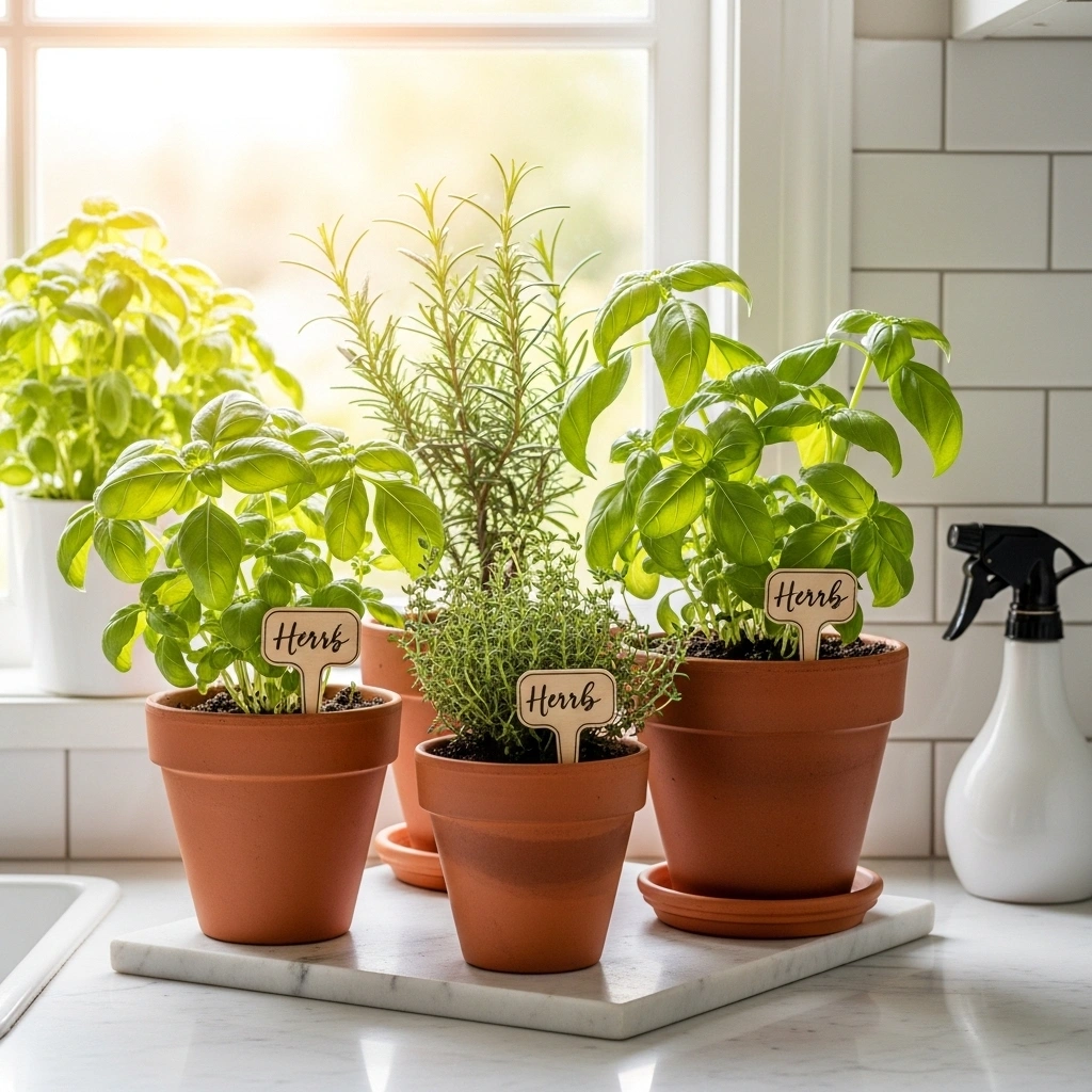 Spring kitchen counter herb garden with three terracotta pots of basil rosemary and thyme with hand lettered wooden tags in warm window sunlight for spring kitchen counter decor ideas 2026