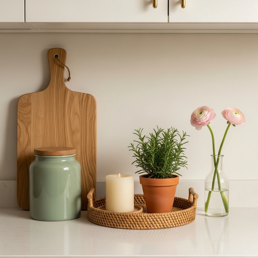 Cohesive spring kitchen counter styling with oak cutting board sage ceramic canister rattan tray cream candle rosemary pot and blush ranunculus on white kitchen counter for spring kitchen counter styling ideas