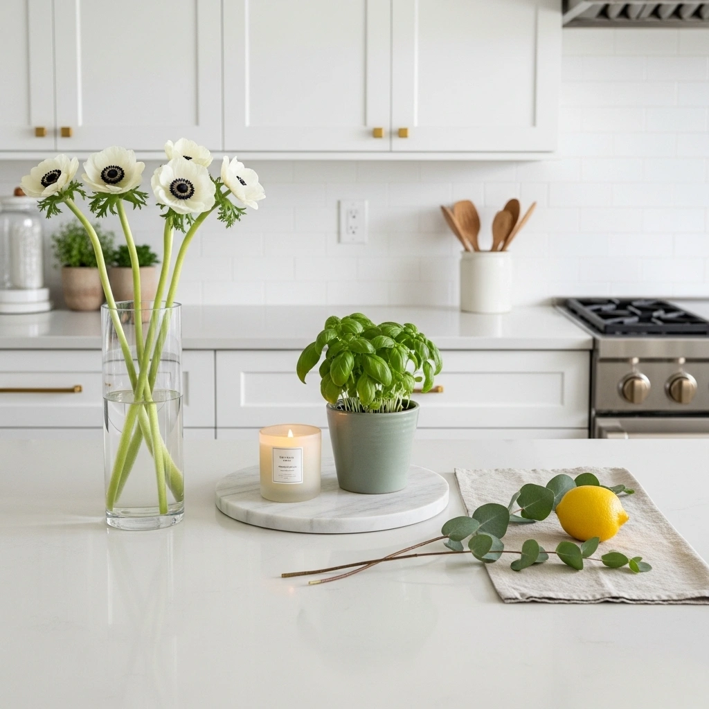 Spring kitchen counter vignette with tall white anemone glass vase medium marble tray sage basil pot and low flat linen cloth with lemon and eucalyptus for spring kitchen counter vignette ideas 2026