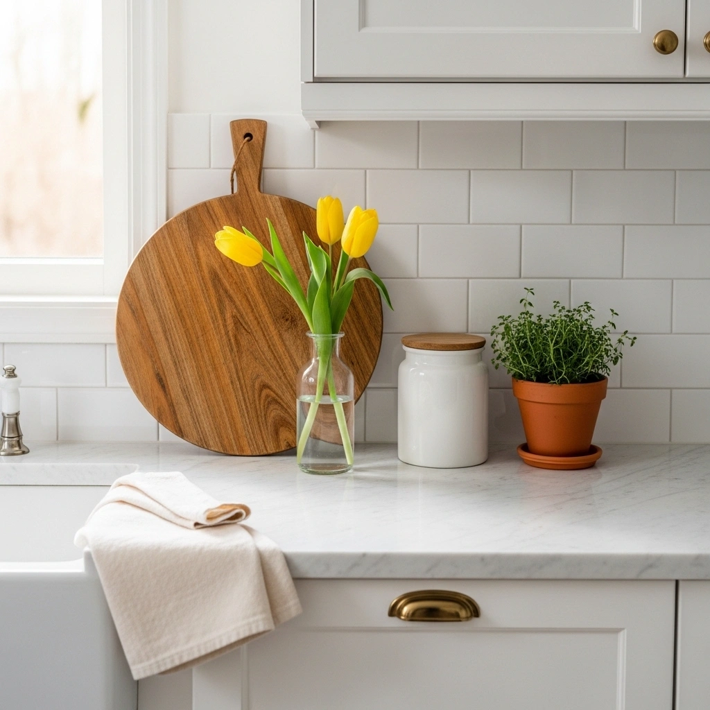 Clean and freshly styled spring kitchen counter with wood cutting board yellow tulips white canister herb pot and linen dish towel on white marble for spring kitchen countertop decor ideas 2026
