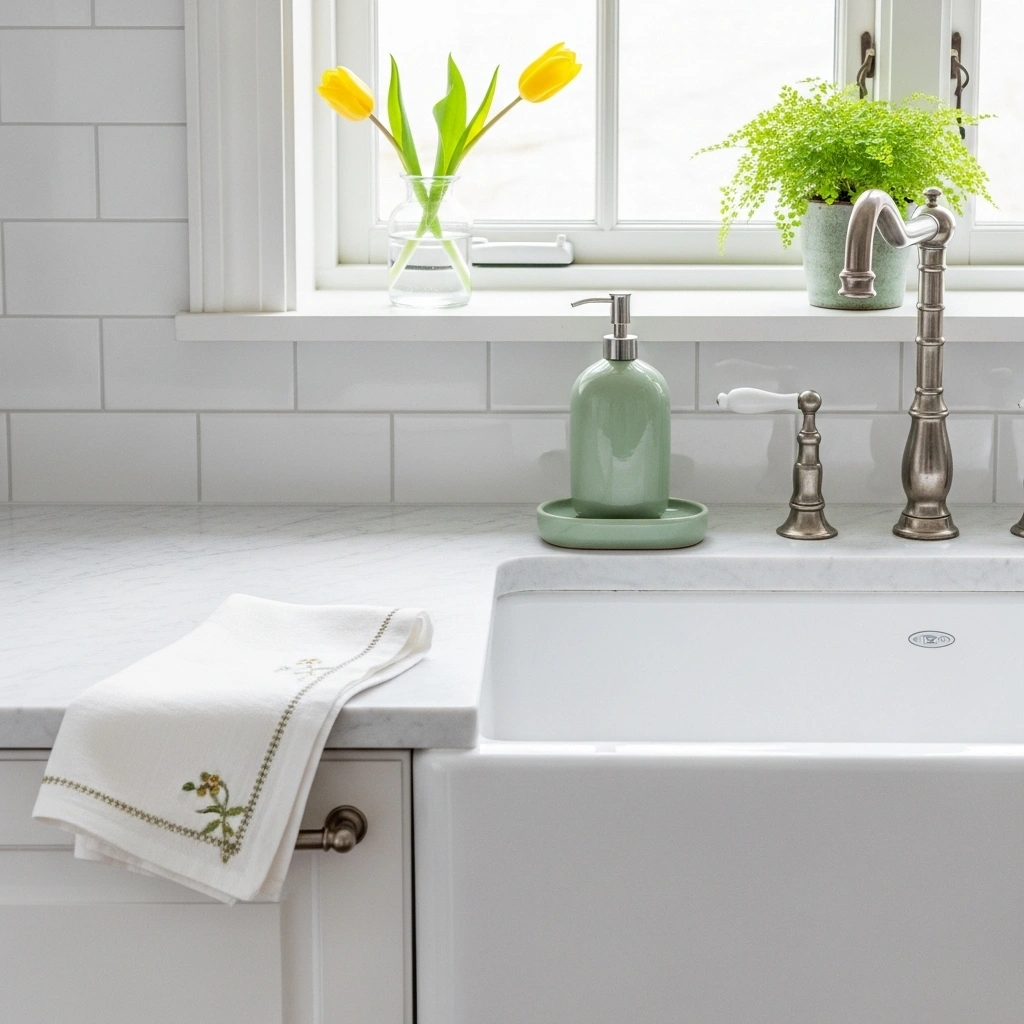 Spring kitchen sink counter styling with sage green ceramic soap dispenser yellow tulip bud vase on windowsill white linen dish towel and potted fern for spring kitchen counter vignette ideas