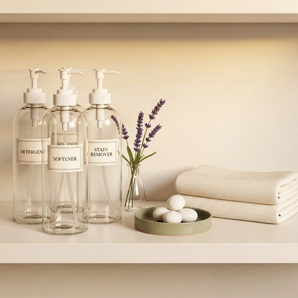 Spring laundry decor with matching clear glass dispensers cream serif labels lavender sprig bud vase cream linen cloths and sage ceramic dish with white pebbles on clean white shelf for stylish spring laundry room decor ideas 2026