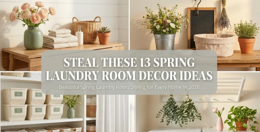 13 spring laundry room decor ideas collage showing cohesive sage and blush spring laundry room decorating farmhouse laundry room with galvanized wildflowers and lavender bundle organised small laundry room with stackable bins and wicker baskets and simple eucalyptus bundle hanging above white machines for spring laundry room decor ideas 2026