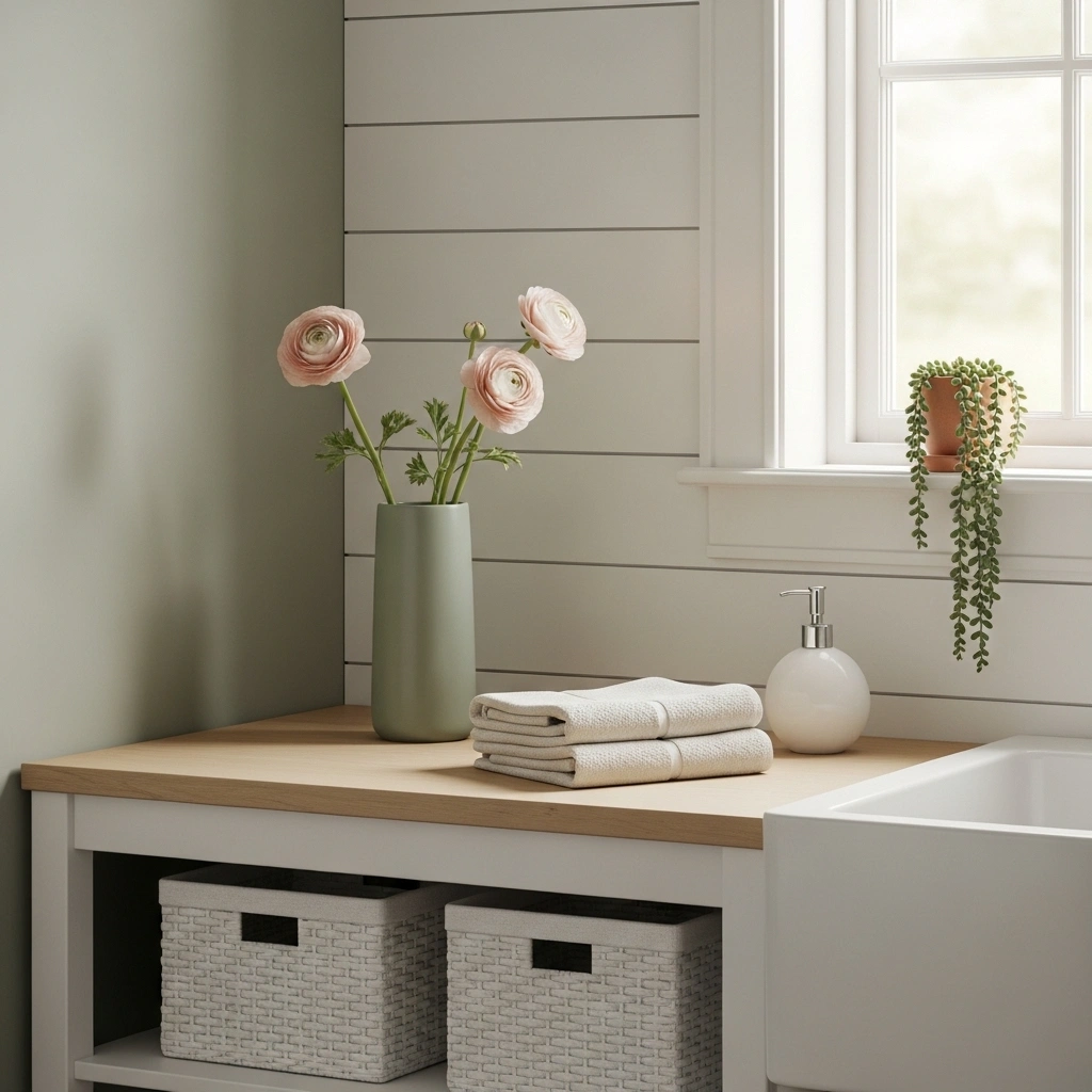 Spring laundry room decorating ideas with sage ceramic vase blush ranunculus cream linen towels white soap dispenser wicker basket and terracotta succulent in white shiplap laundry room for spring laundry room decorating ideas 2026