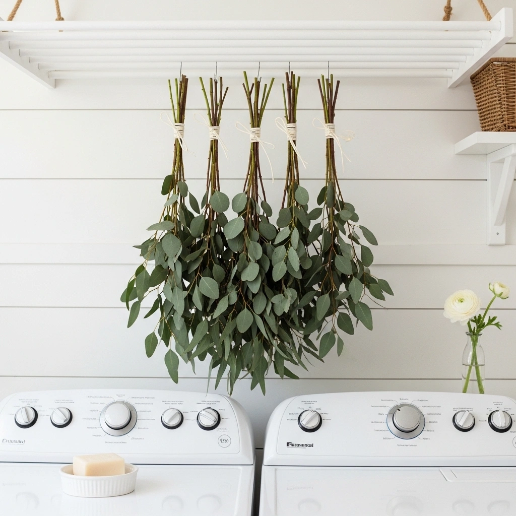 Spring laundry room decor with fresh eucalyptus bundle tied cream twine hanging from white wooden drying rack above white front loading machines with white soap dish and white ranunculus bud vase for spring laundry room decor ideas 2026