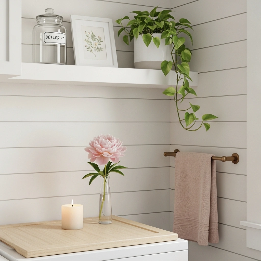 Spring laundry room decor finishing touches with lit cream candle blush peony bud vase handwritten glass detergent jar botanical print blush linen towel on brass bar and trailing pothos in white pot for spring laundry room inspiration ideas 2026