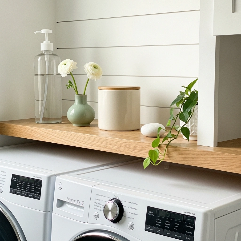 Spring laundry room shelf decor with clear glass dispenser sage ceramic vase white ranunculus cream canister trailing pothos white pot and smooth white stone on natural oak floating shelf above white washer dryer for spring laundry room shelf decor ideas 2026