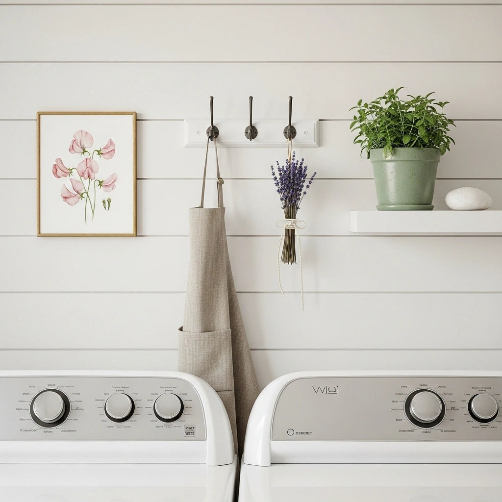 Spring laundry room inspiration wall display with botanical sweet pea print brass frame white hook rail linen apron dried lavender bundle and sage herb pot white stone floating shelf above front loading machines for spring laundry room inspiration ideas 2026