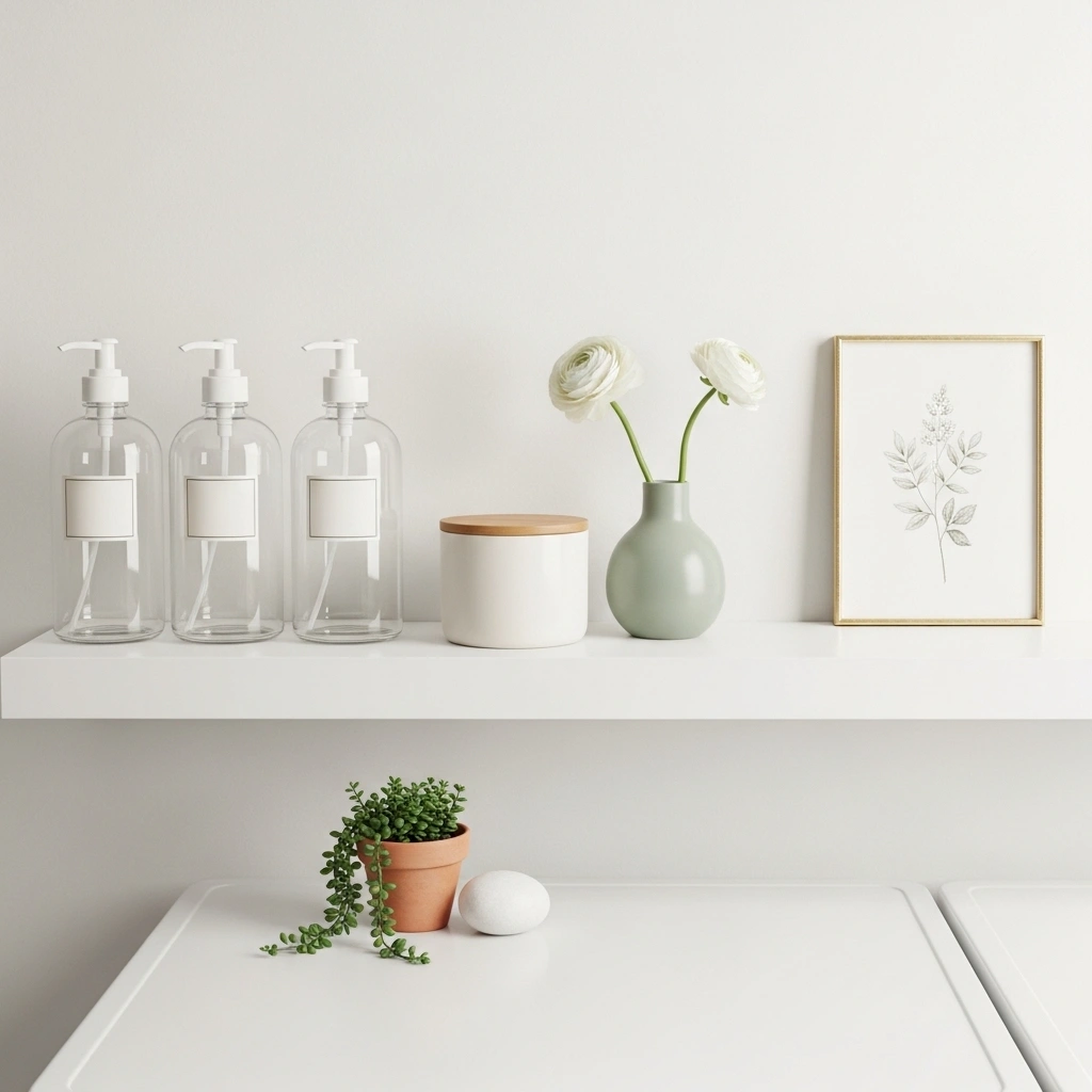 Spring laundry room shelf decor ideas with clear glass dispensers cream labels sage ceramic vase white ranunculus round cream canister terracotta succulent white stone and botanical print on white floating shelf for spring laundry room shelf decor ideas 2026