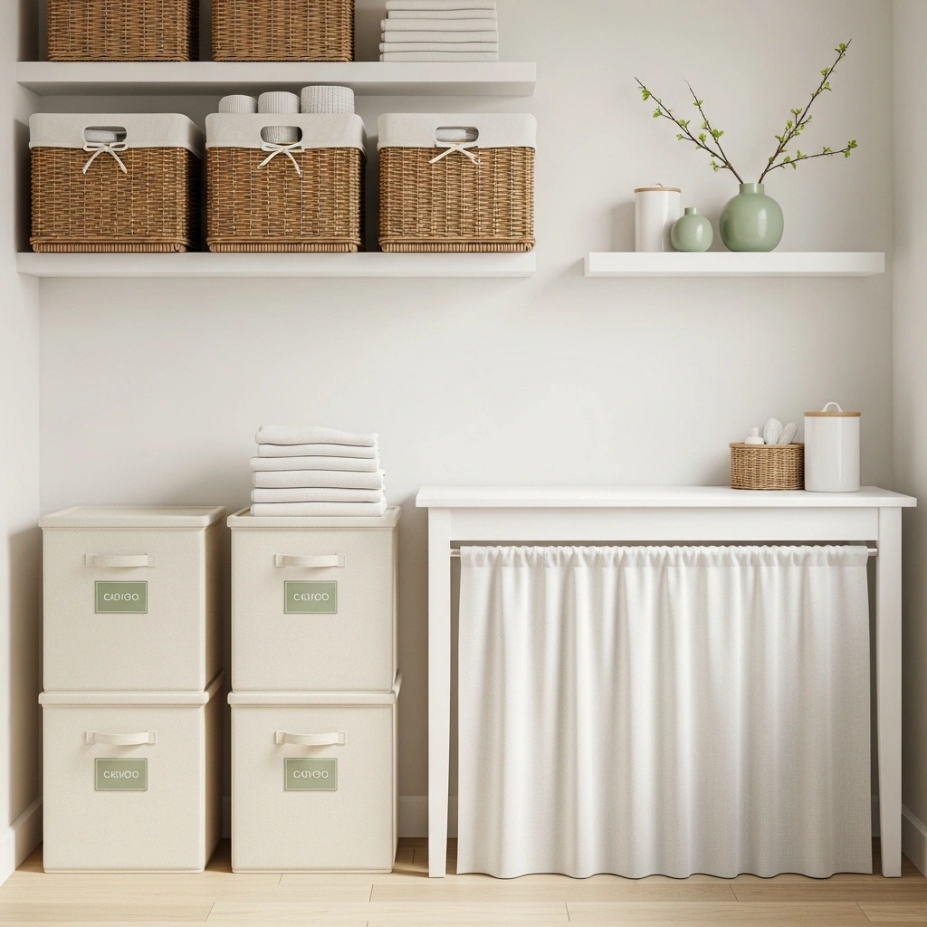 Spring laundry room storage with cream stackable bins sage green labels natural wicker linen-lined baskets white curtain hidden storage below folding console and sage vase spring stems on white shelf for space saving spring laundry room ideas 2026