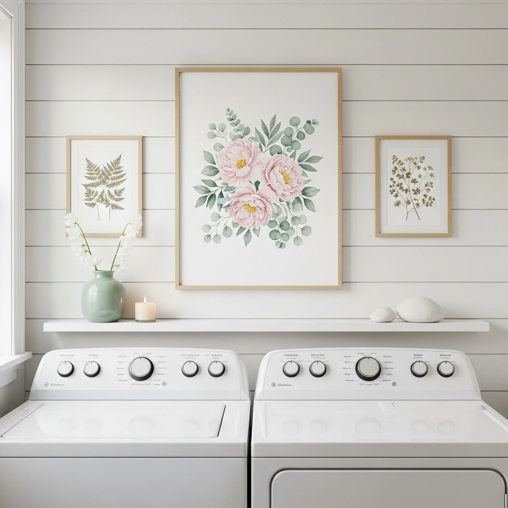 Spring laundry room wall decor ideas with large botanical peony print two pressed botanical prints white floating shelf sage vase sweet peas cream candle and white stone above white washer dryer for spring laundry room wall decor ideas 2026