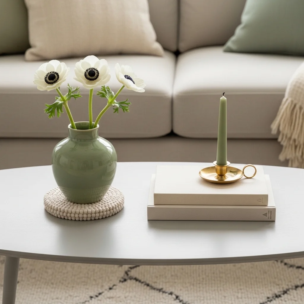 Spring living room coffee table decor with sage green ceramic vase white anemones cream books and brass taper candle matching the rooms sage and cream palette