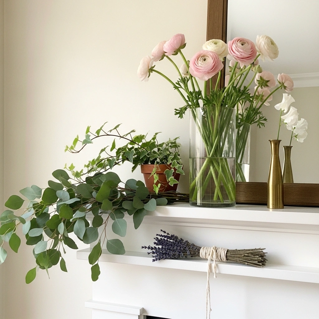 Spring mantel decor ideas with greenery and flowers featuring fresh eucalyptus trailing over mantel edge blush ranunculus glass vase trailing ivy terracotta pot white sweet pea brass bud vase and dried lavender bundle on white painted mantel shelf for spring mantel decor ideas with greenery 2026