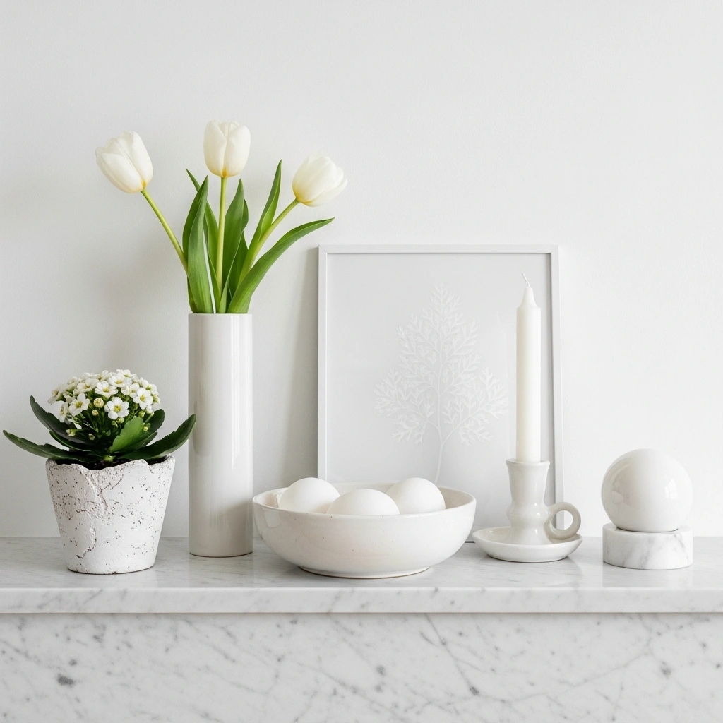 Spring mantle decorations in all-white palette with white tulip ceramic vase white egg ceramic bowl white flowering plant white pillar candle white ceramic sphere and white botanical print on white marble fireplace surround for spring mantle decorations ideas 2026