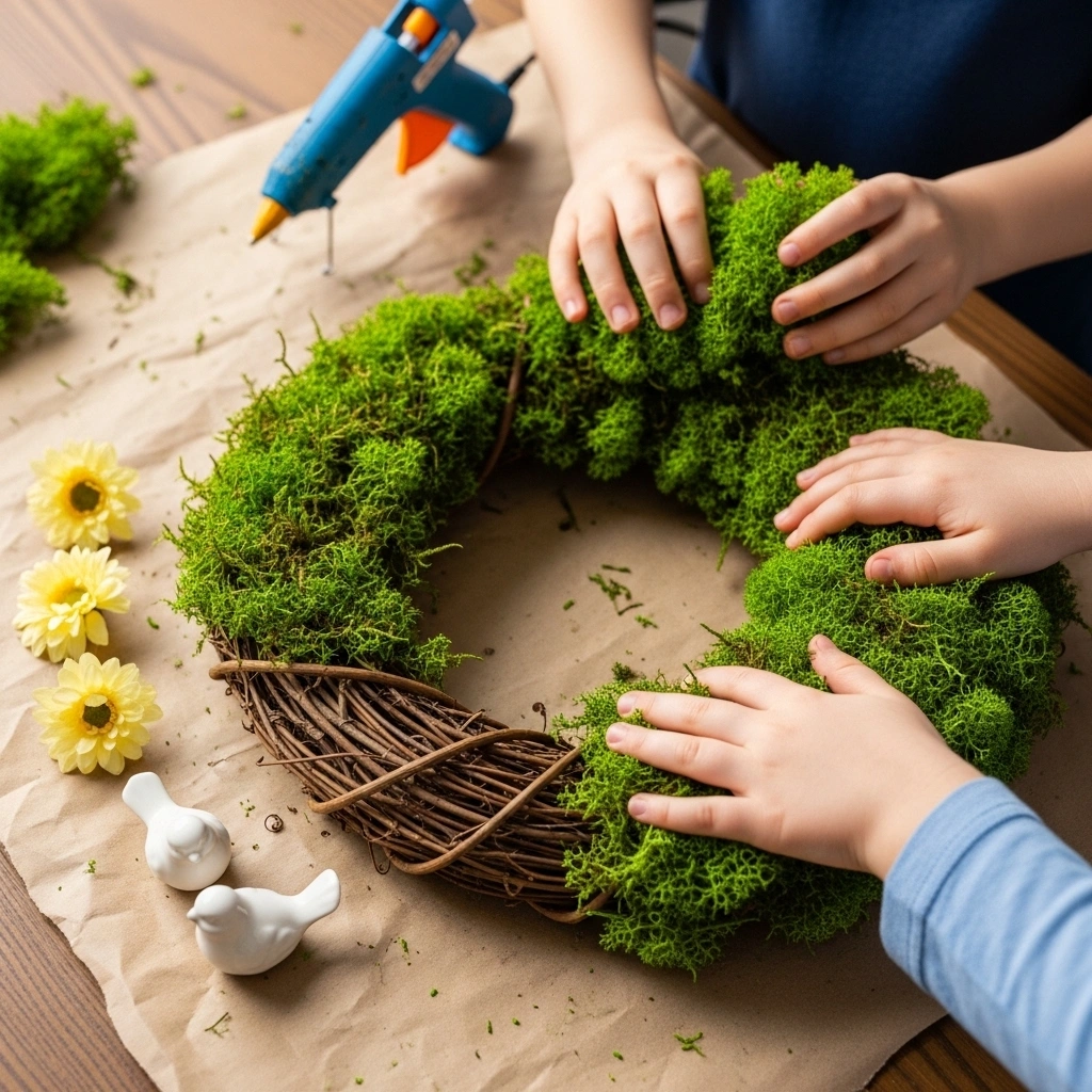  Spring moss wreath craft for kids with child hands pressing fresh preserved sheet moss onto natural grapevine wreath base half covered in lush green moss with yellow artificial flowers and white ceramic bird figurines waiting to be placed on craft paper covered wooden table in natural afternoon light for spring moss wreath craft project 2026