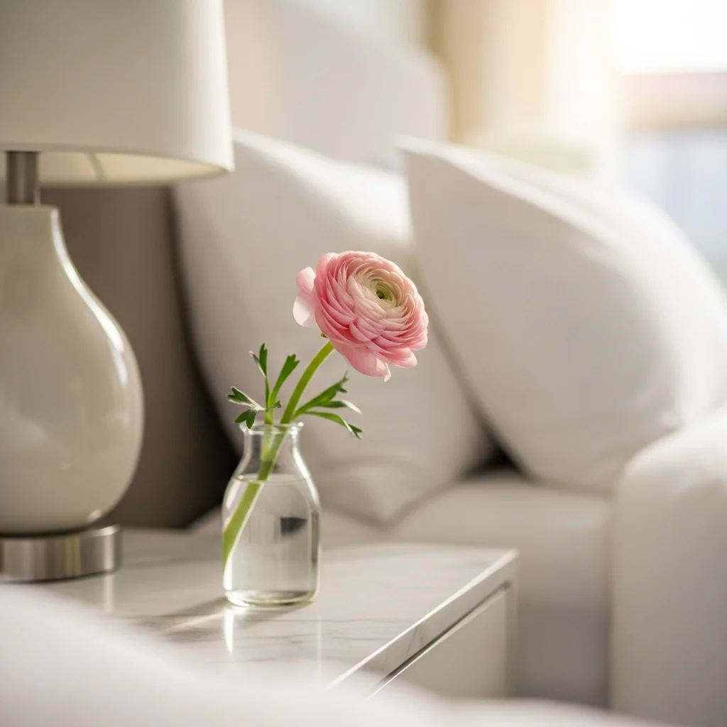 Single blush pink ranunculus in tiny clear glass bud vase on white marble spring bedroom nightstand with soft morning light for spring nightstand styling ideas with fresh flowers