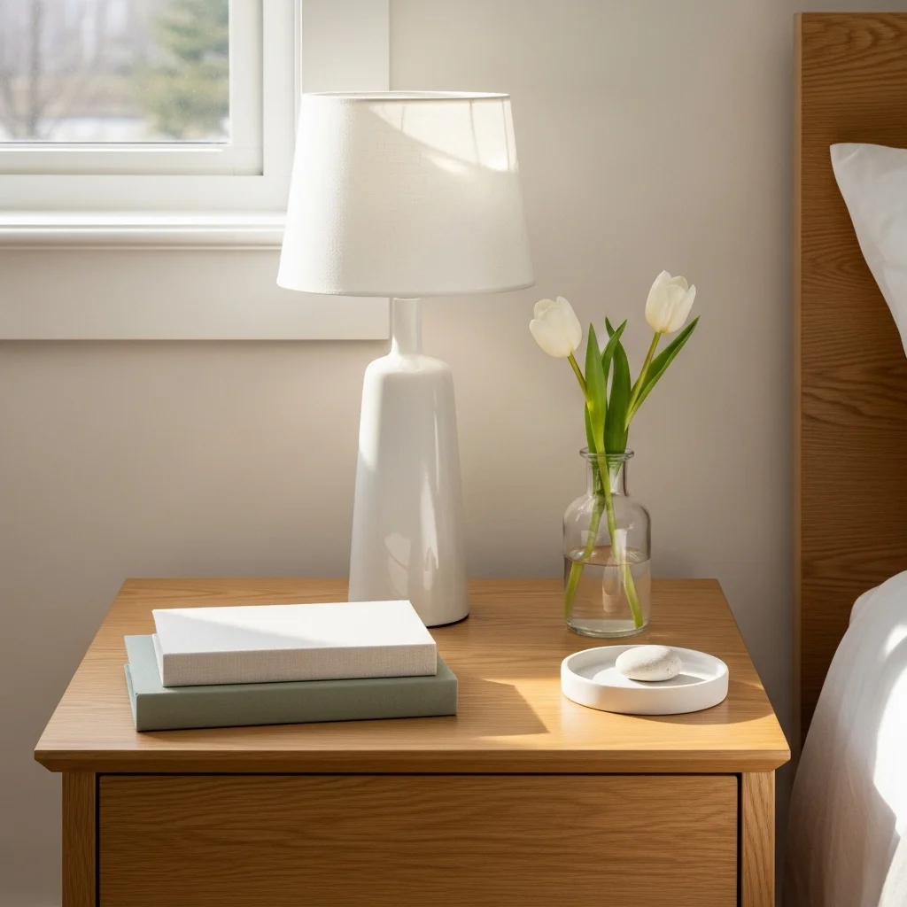 Freshly styled spring bedroom nightstand with white ceramic lamp tulip bud vase linen book stack and ceramic dish on light oak bedside table for spring nightstand styling ideas 2026