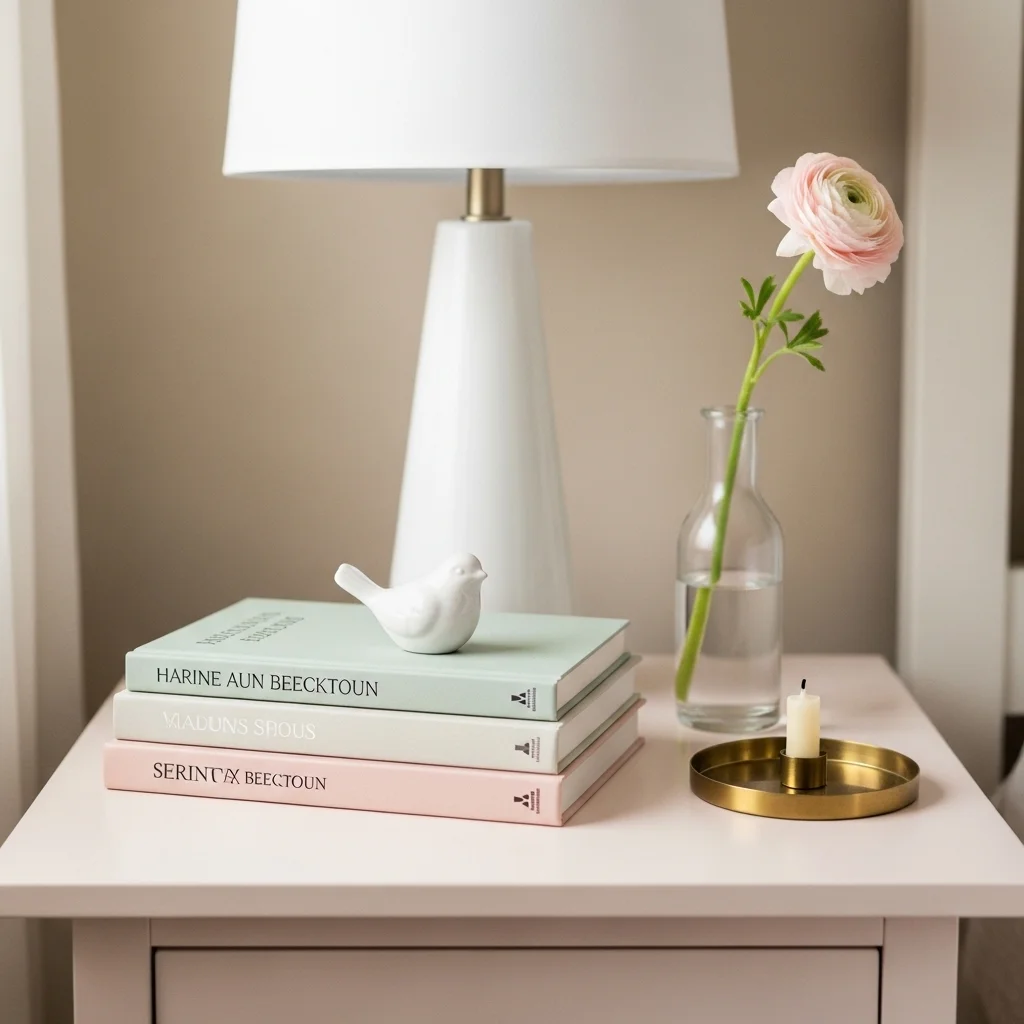 Spring bedroom nightstand with sage cream and blush book stack topped with white ceramic bird beside ranunculus vase white lamp and brass tray for spring nightstand vignette ideas with books