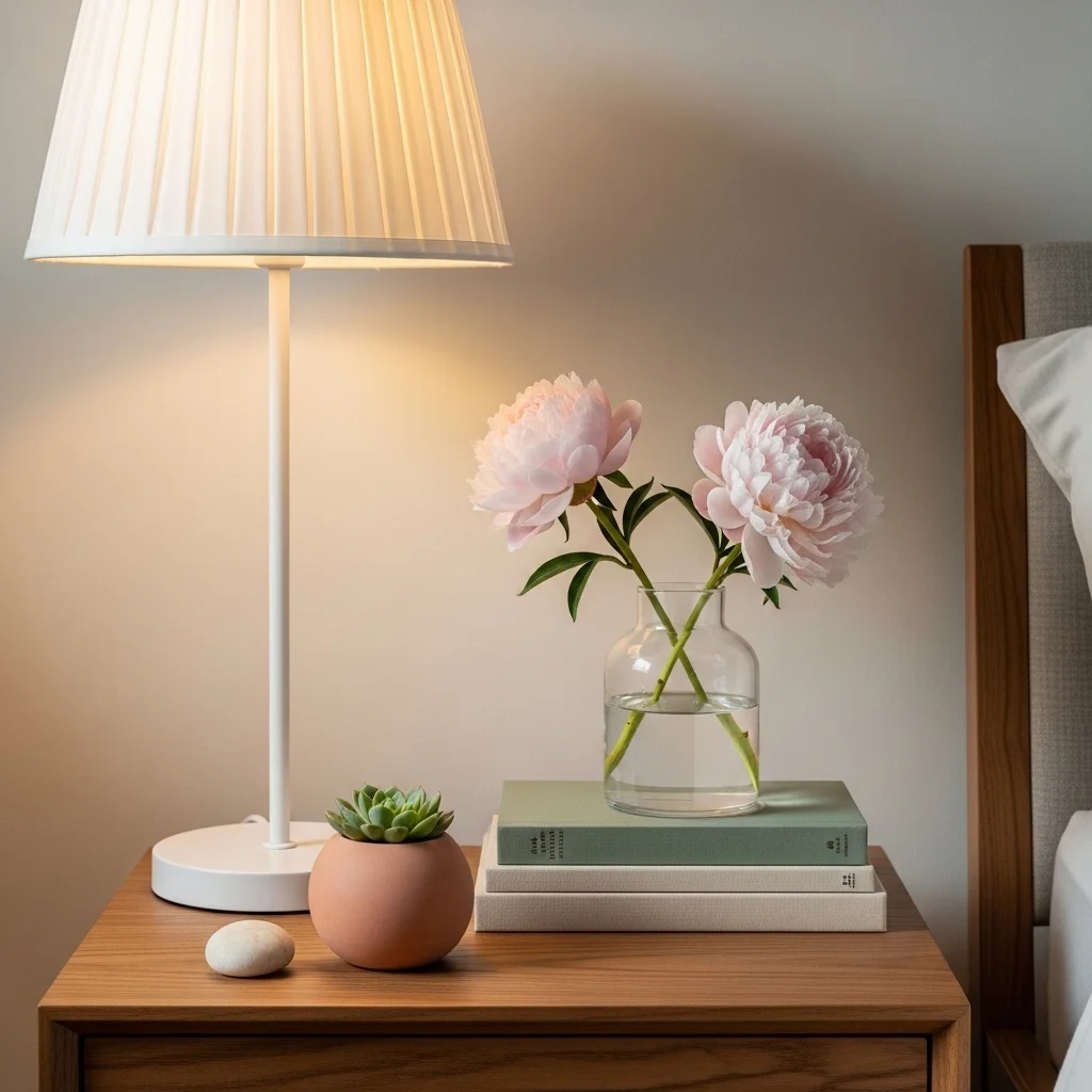 Three level spring nightstand vignette with tall white lamp medium blush peony vase and book stack and low terracotta succulent and cream stone on walnut bedside table for spring nightstand vignette ideas