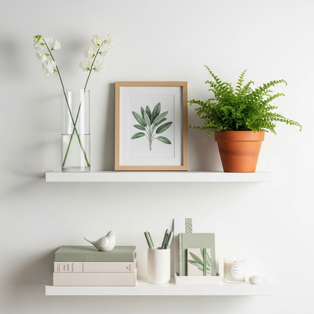 Spring office shelf decor ideas with sweet pea glass vase botanical watercolour print terracotta fern on upper shelf and sage cream book stack white ceramic bird pen holder round candle and white stone on lower shelf for spring office shelf decor ideas 2026