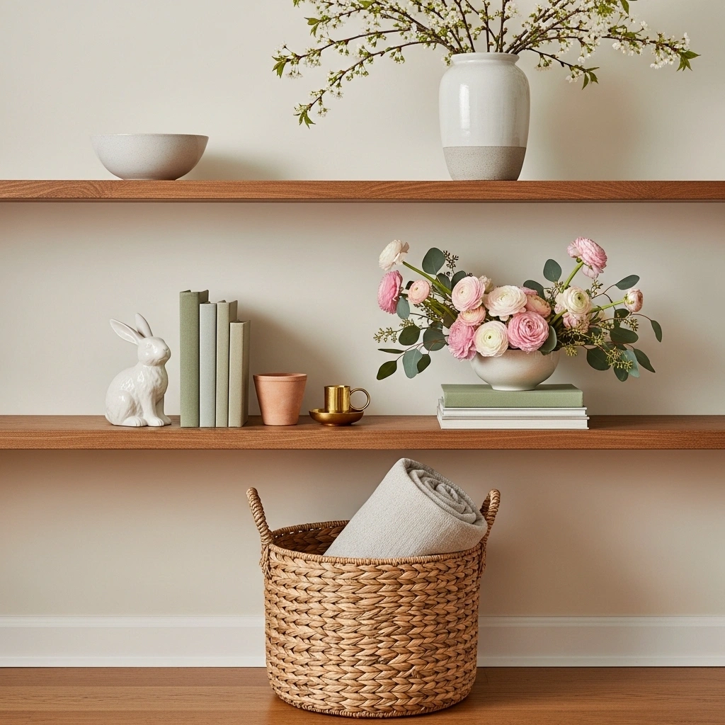 Spring open shelf styling in living room across four levels with cherry blossom branches blush ranunculus ceramic bunny terracotta pot and woven seagrass basket telling a complete spring story for spring open shelf ideas 2026