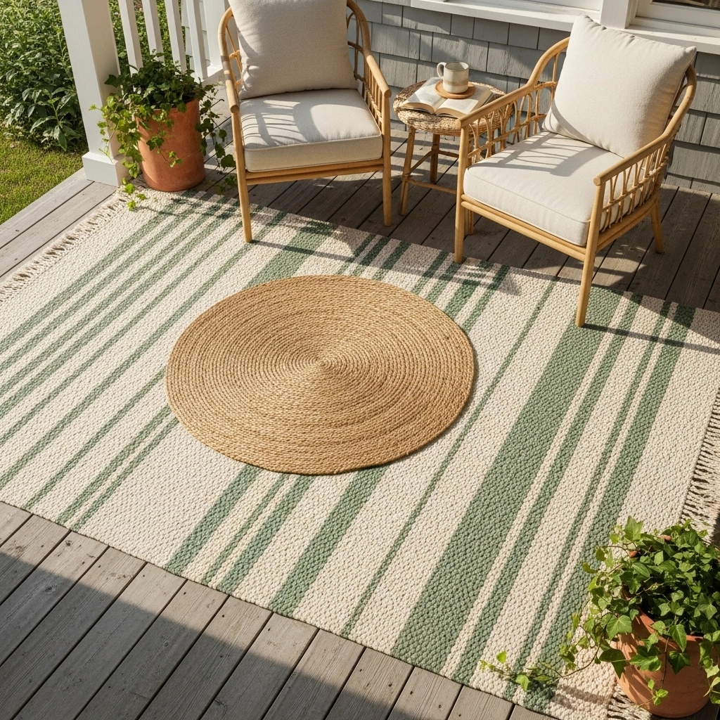 Spring patio decor with cream and sage stripe outdoor rug layered with round jute mat cream cushion wicker chairs terracotta planters and morning coffee scene in warm natural light for spring patio ideas 2026
