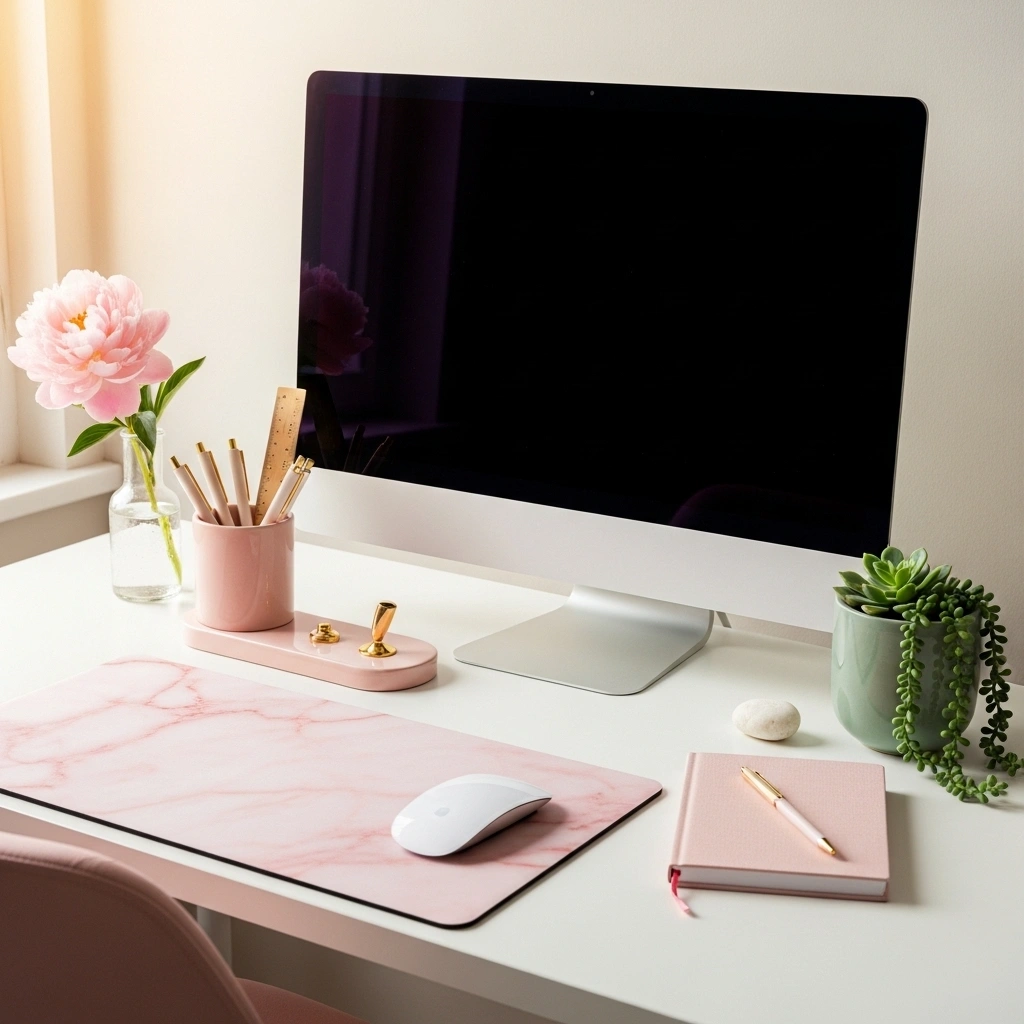 Spring pink office desk decor with blush ceramic organiser cream gold pens fresh blush peony bud vase pink marble mouse pad white wireless mouse blush linen notebook gold pen sage green succulent pot and white stone on slim white desk with white monitor for spring pink office desk decor ideas 2026