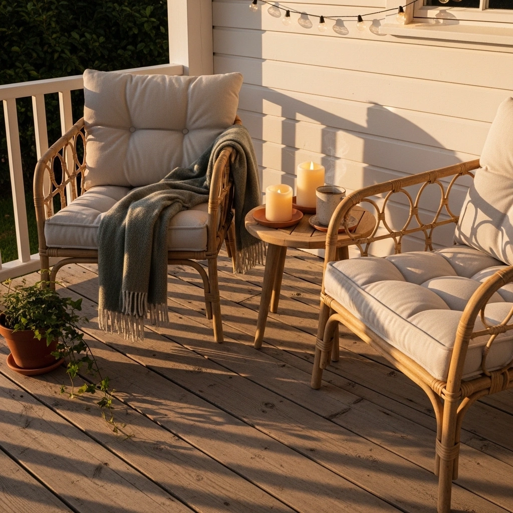 Spring porch decor seating corner with two rattan chairs cream cushions teak side table terracotta candle saucer ceramic tea mug sage throw blanket and warm outdoor fairy lights above in late afternoon spring light for spring porch decor ideas