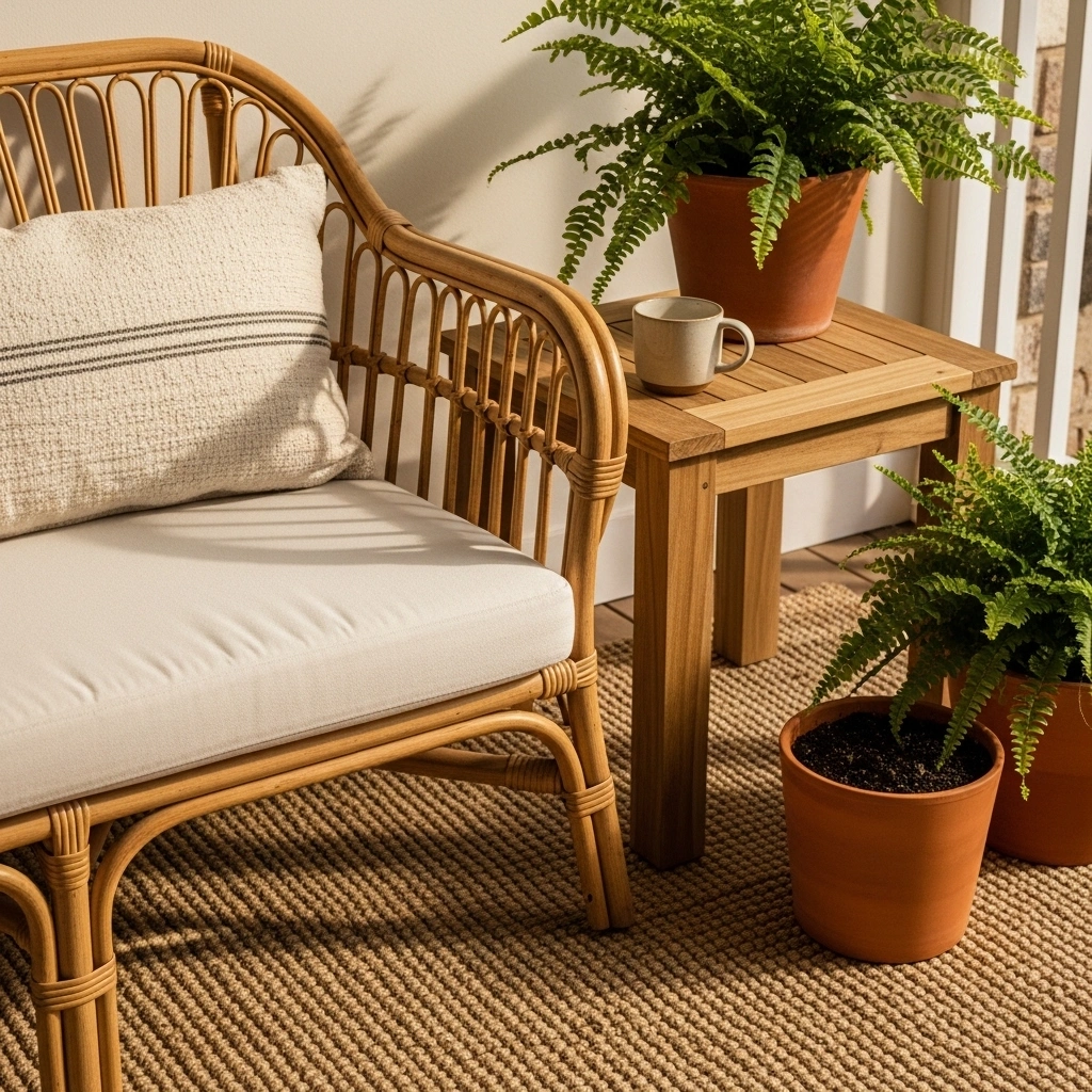 Textured spring porch ideas with rattan loveseat cream woven cushion teak side table jute rug terracotta fern pots and ceramic mug in warm morning light showing natural material imperfections for spring porch ideas 2026