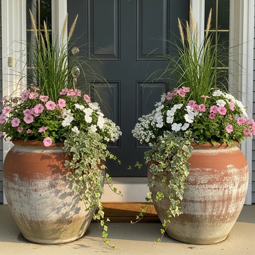 Spring porch makeover with two large aged terracotta planters flanking charcoal front door each with thriller-filler-spiller planting of ornamental grass blush petunias impatiens and trailing sweet alyssum ivy in afternoon light