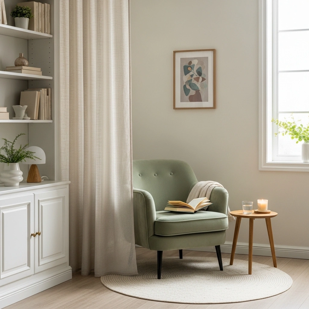 Defined spring reading corner with sage green velvet armchair cream wool rug sheer linen curtain divider and wooden side table between white bookshelf and cream wall for spring reading corner decor ideas