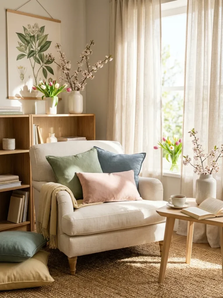 Reading nook decorated with soft spring colors including sage green, blush, and cream accents.