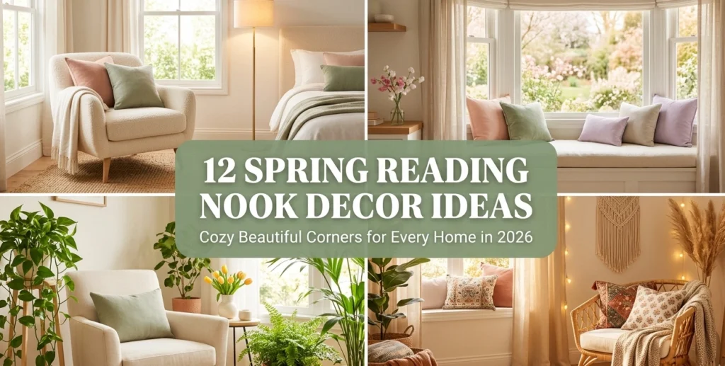 12 spring reading nook decor ideas collage showing cozy cream boucle armchair nook dreamy spring window seat with sheer linen curtains plant-filled reading corner with pothos and fern and boho layered reading nook with rattan and macrame for beautiful spring reading corners 2026