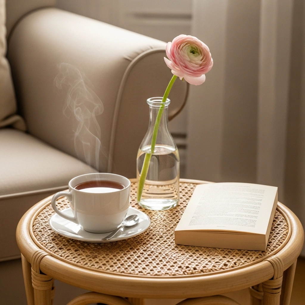 Spring reading nook side table with round rattan table holding ceramic tea mug blush ranunculus bud vase and paperback book for practical and beautiful spring reading nook decor ideas