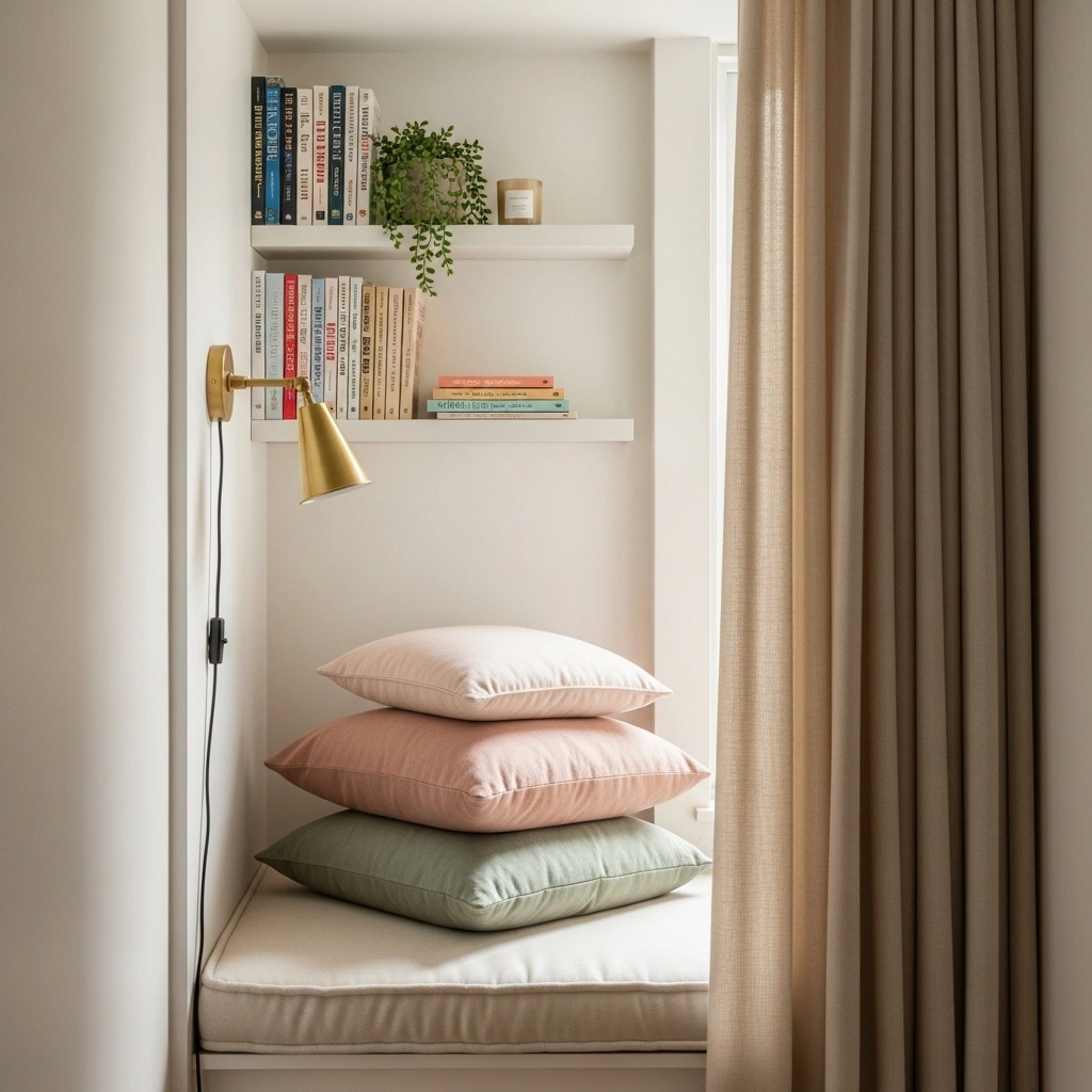Small space spring reading nook with built-in alcove window seat cream cushion blush sage pillows floating book shelves and brass wall sconce for spring reading nook ideas for small spaces