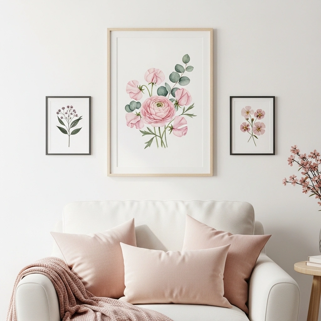 Spring reading nook wall art with botanical watercolour ranunculus print and pressed flower frames above cream armchair in blush and sage palette for spring reading nook decor ideas