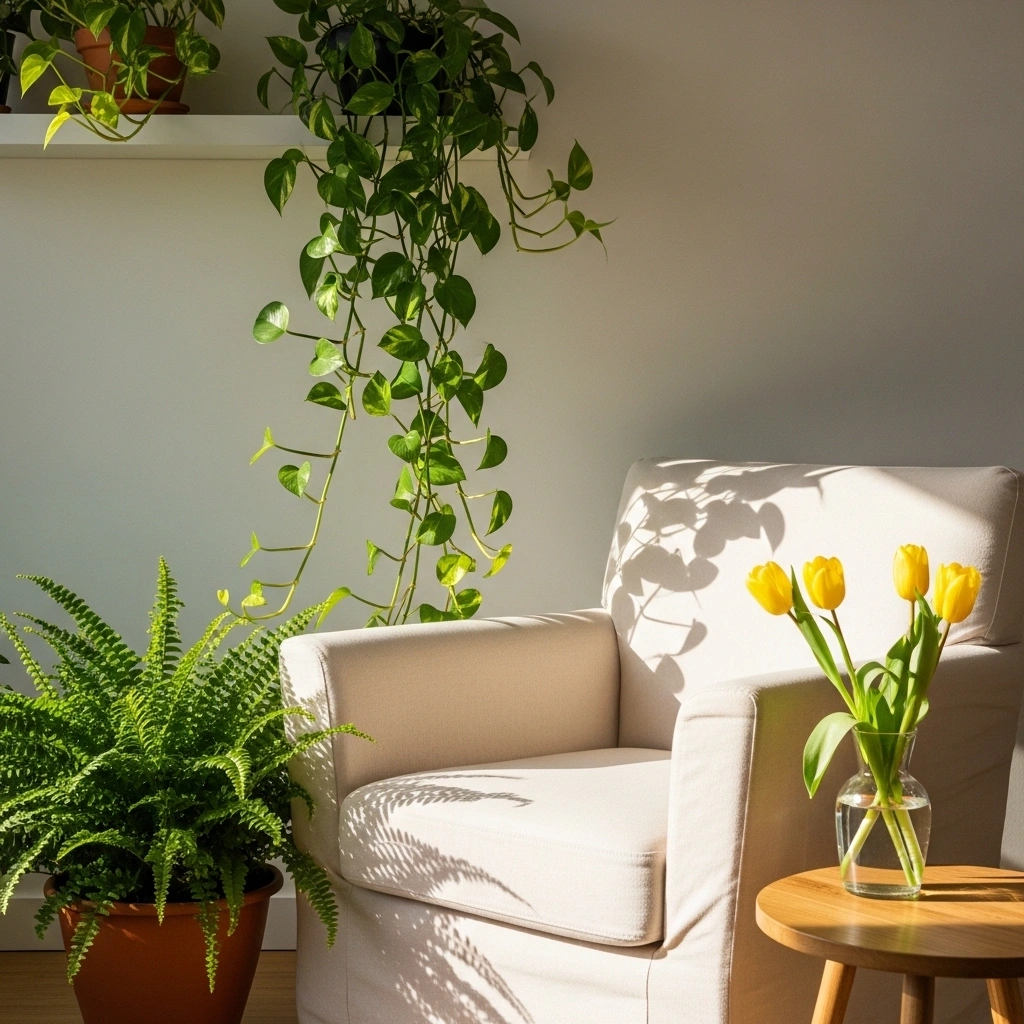 Spring reading nook with plants featuring cream linen armchair surrounded by trailing pothos terracotta fern and yellow tulip bud vase in warm spring morning light for spring reading nook with plants ideas