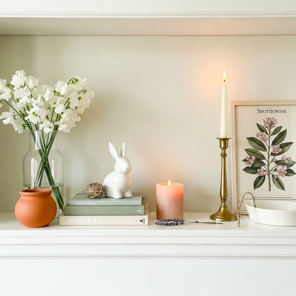 Spring shelf arrangement showing rule of three and height variation with glass sweet pea vase book stack bunny figurine candle botanical print and brass candlestick on white painted shelf