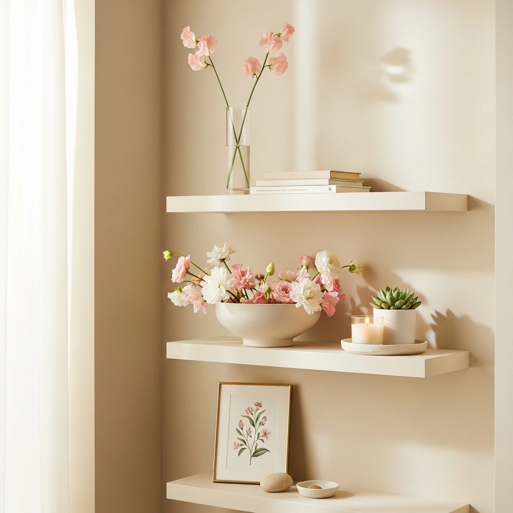Three level spring shelf decor with clear focal pieces — tall sweet pea glass vase upper shelf blush flower ceramic bowl middle shelf and botanical brass frame print lower shelf for spring shelf decor ideas 2026