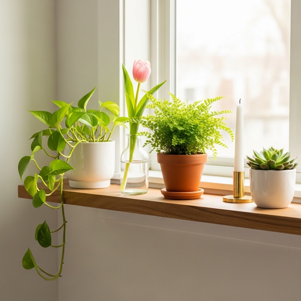 Spring shelf decor with plants featuring trailing pothos in white ceramic pot compact terracotta fern pink tulip bud vase and succulent beside brass candle on natural wood floating shelf for spring shelf decor ideas with plants