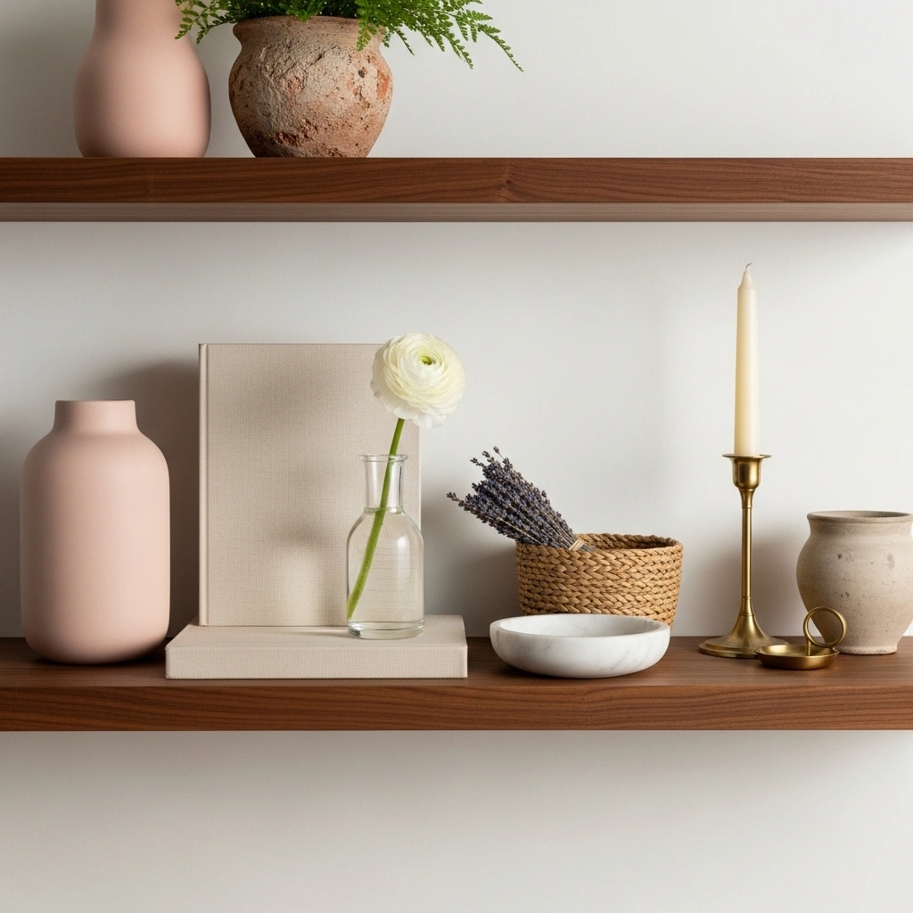 Spring shelf decorating with mixed textures featuring blush ceramic terracotta fern glass ranunculus vase linen book marble dish seagrass basket lavender and brass candlestick on walnut shelf