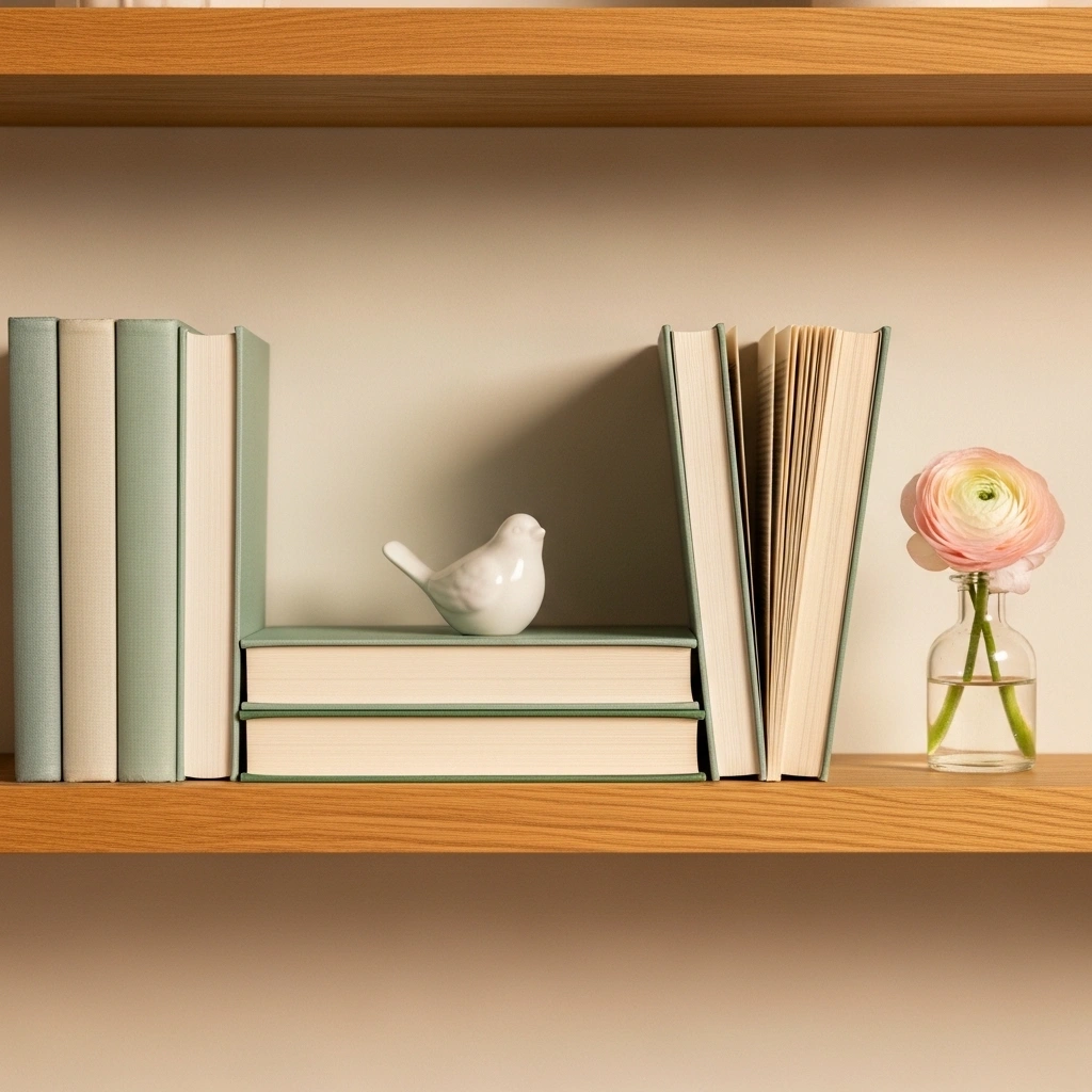 Spring shelf styling using books as active colour elements with sage cream upright cluster horizontal book riser with ceramic bird and backward books beside ranunculus bud vase on oak shelf for spring shelf styling ideas