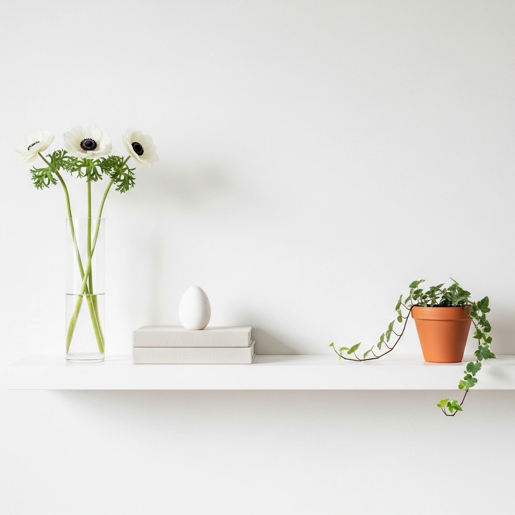 Breathable spring shelf styling with generous empty space between tall anemone vase linen book stack white ceramic egg and trailing ivy terracotta pot on white floating shelf for spring shelf styling tips